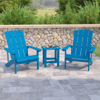 Flash Furniture JJ-C14501-2-T14001-BLU-GG 2 Pack Charlestown All-Weather Poly Resin Wood Adirondack Chairs with Side Table in Blue